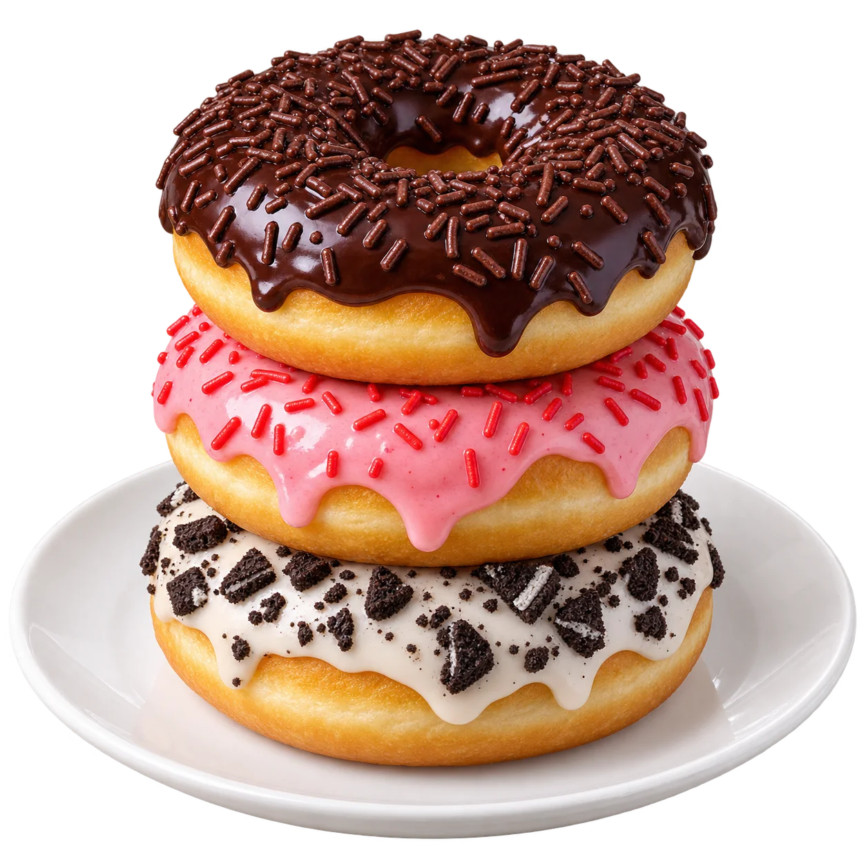 Tiga donat cokelat, strawberry, dan cookies cream bertumpuk di atas piring putih