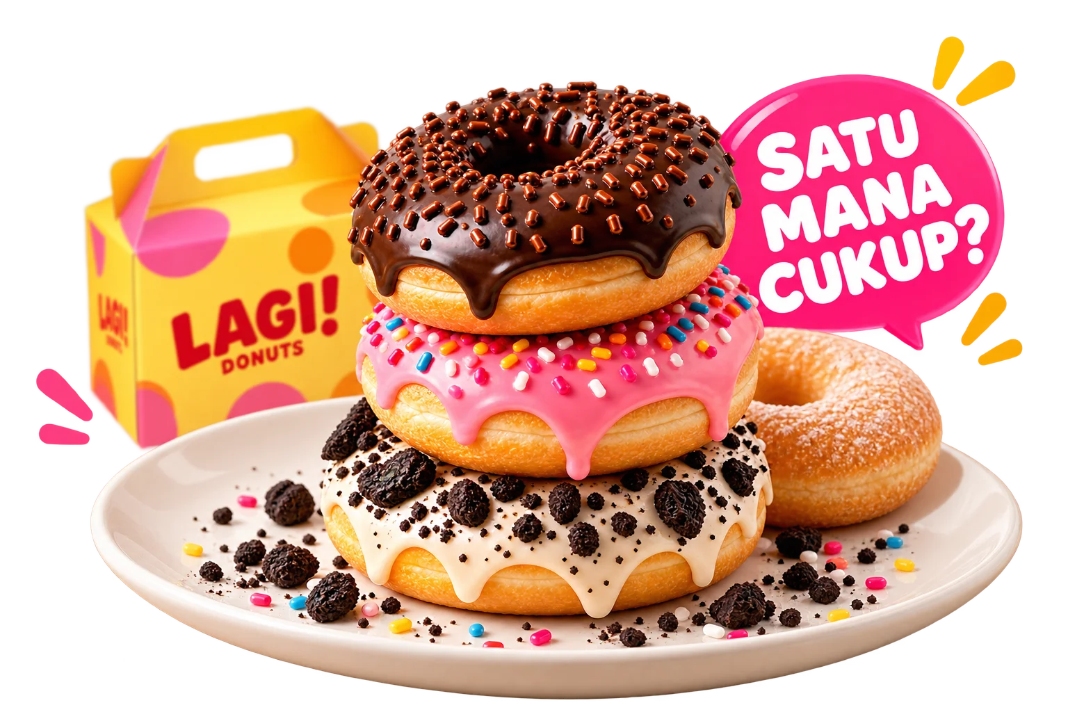 Tiga donat putih, pink, dan cokelat bertumpuk di atas piring dengan bubble Satu mana cukup