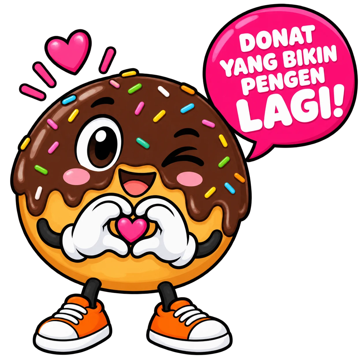 Maskot donat mengedip dan membentuk hati dengan tangan, dengan bubble Donat yang bikin pengen LAGI!