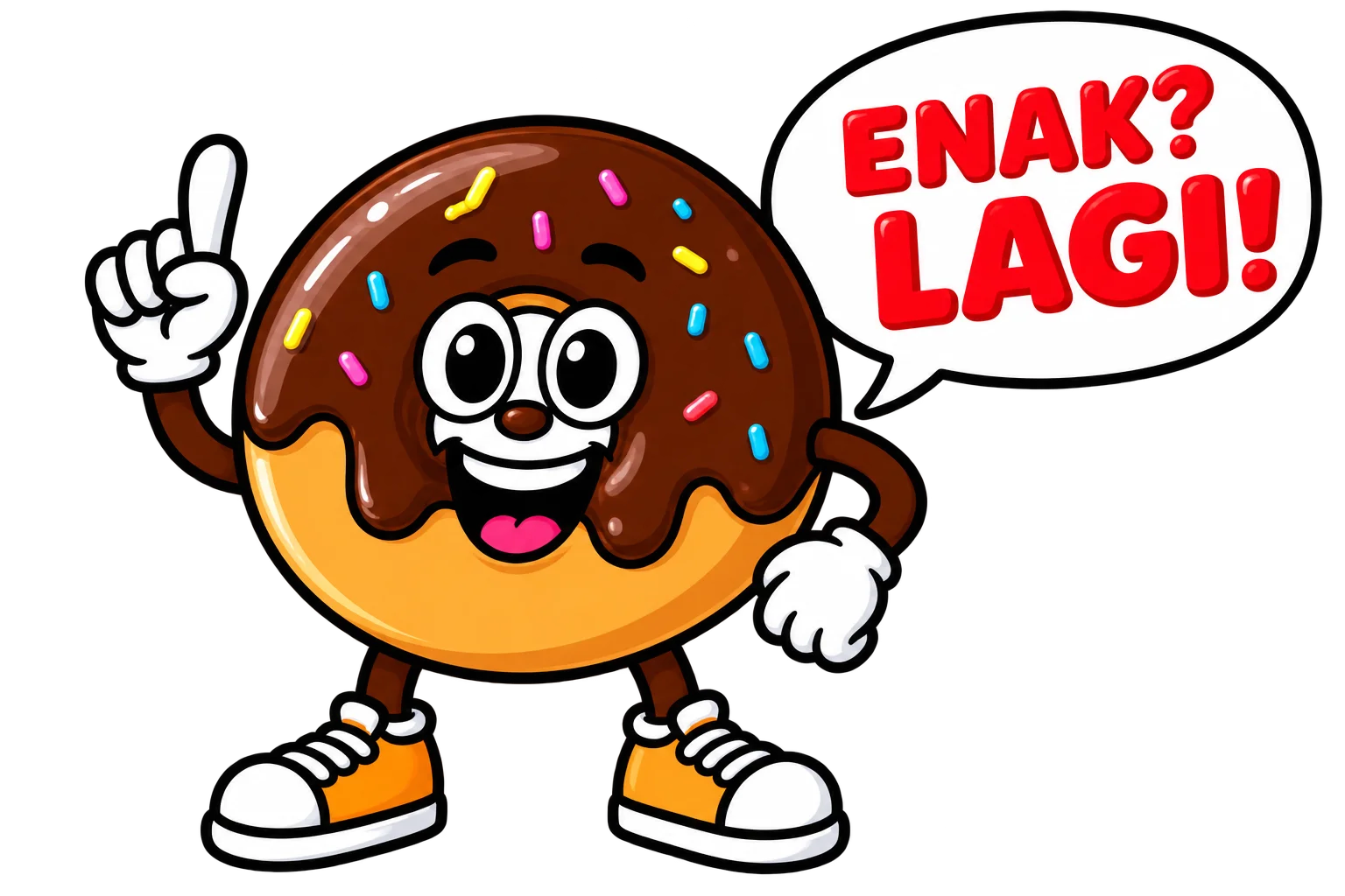 Maskot donat LAGI! tersenyum dengan bubble Enak? LAGI!