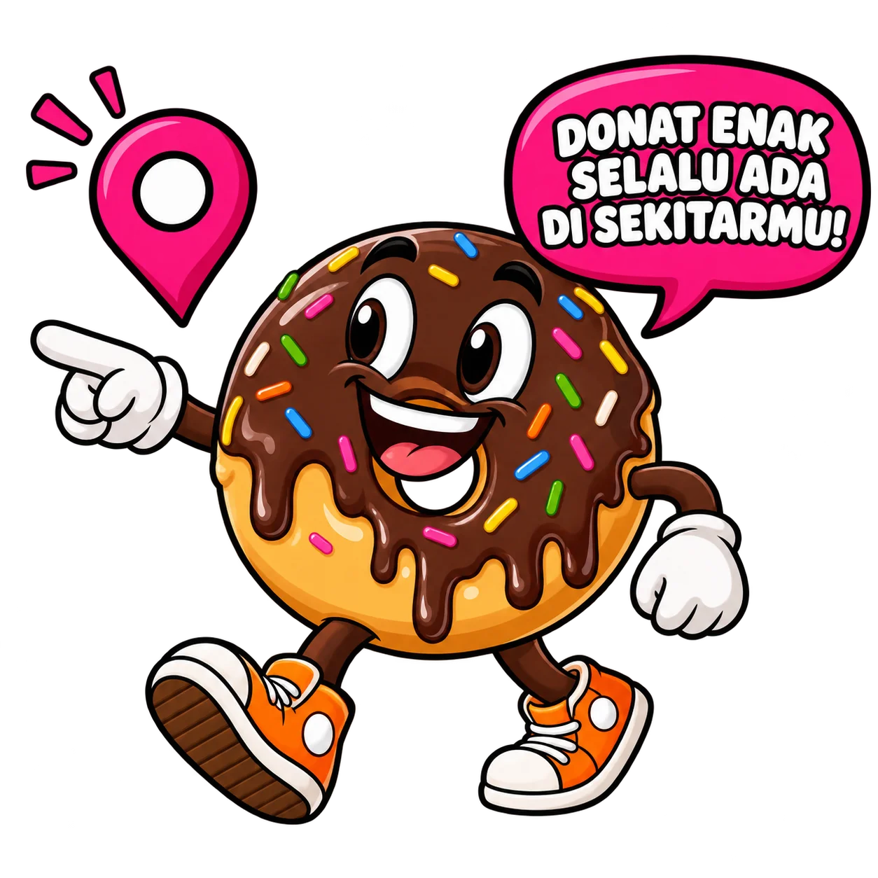 Maskot menunjuk lokasi: Donat enak selalu ada di sekitarmu!