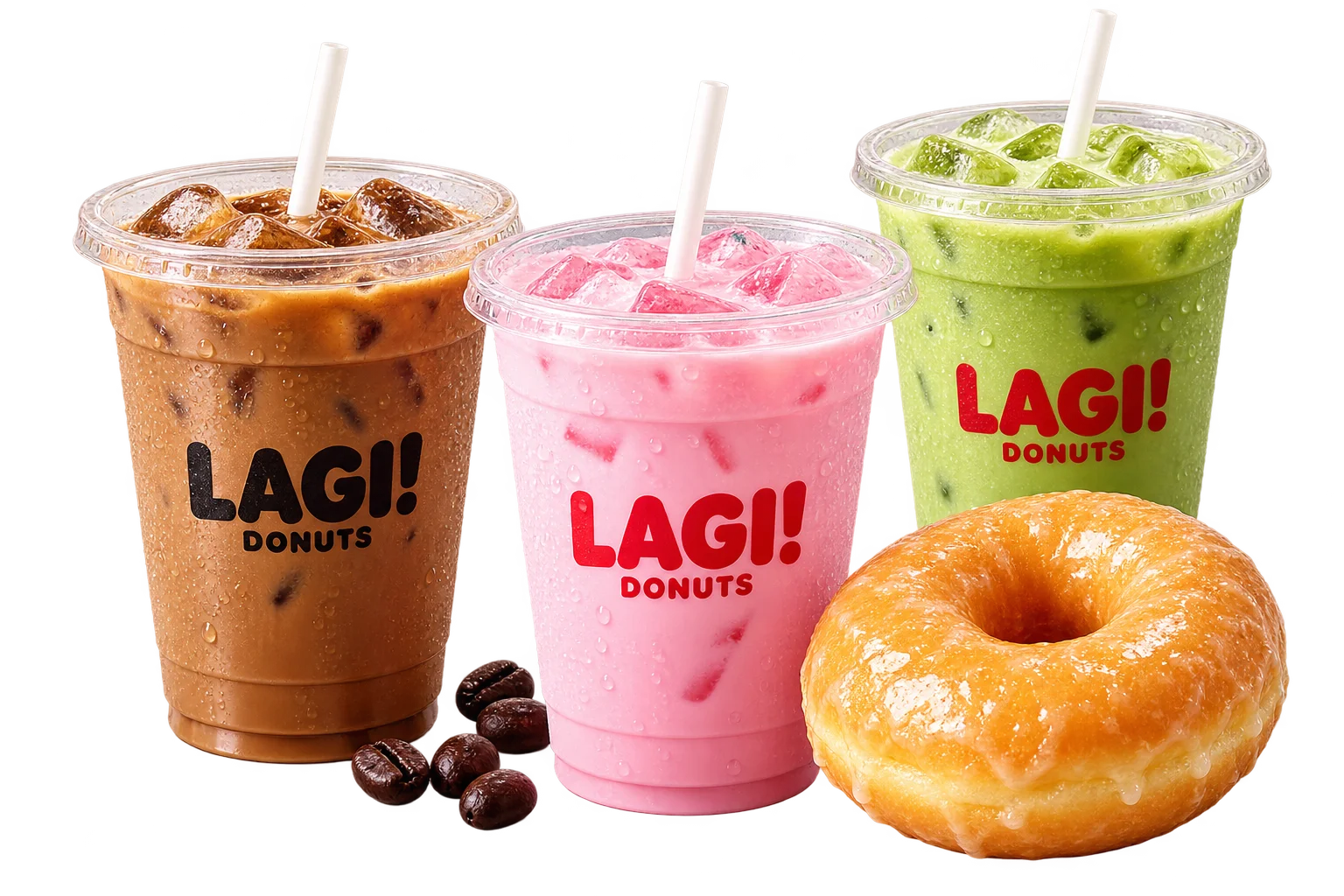 Es kopi, susu strawberry, dan matcha LAGI! dengan donat original