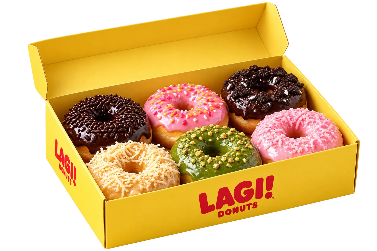 Box kuning LAGI! berisi enam donat aneka topping