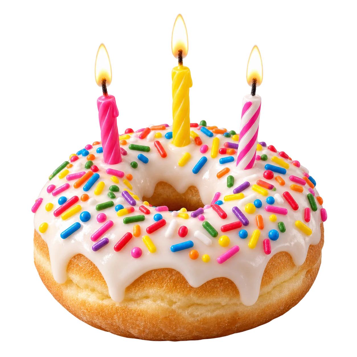 Donat icing putih dengan meses warna-warni dan tiga lilin menyala