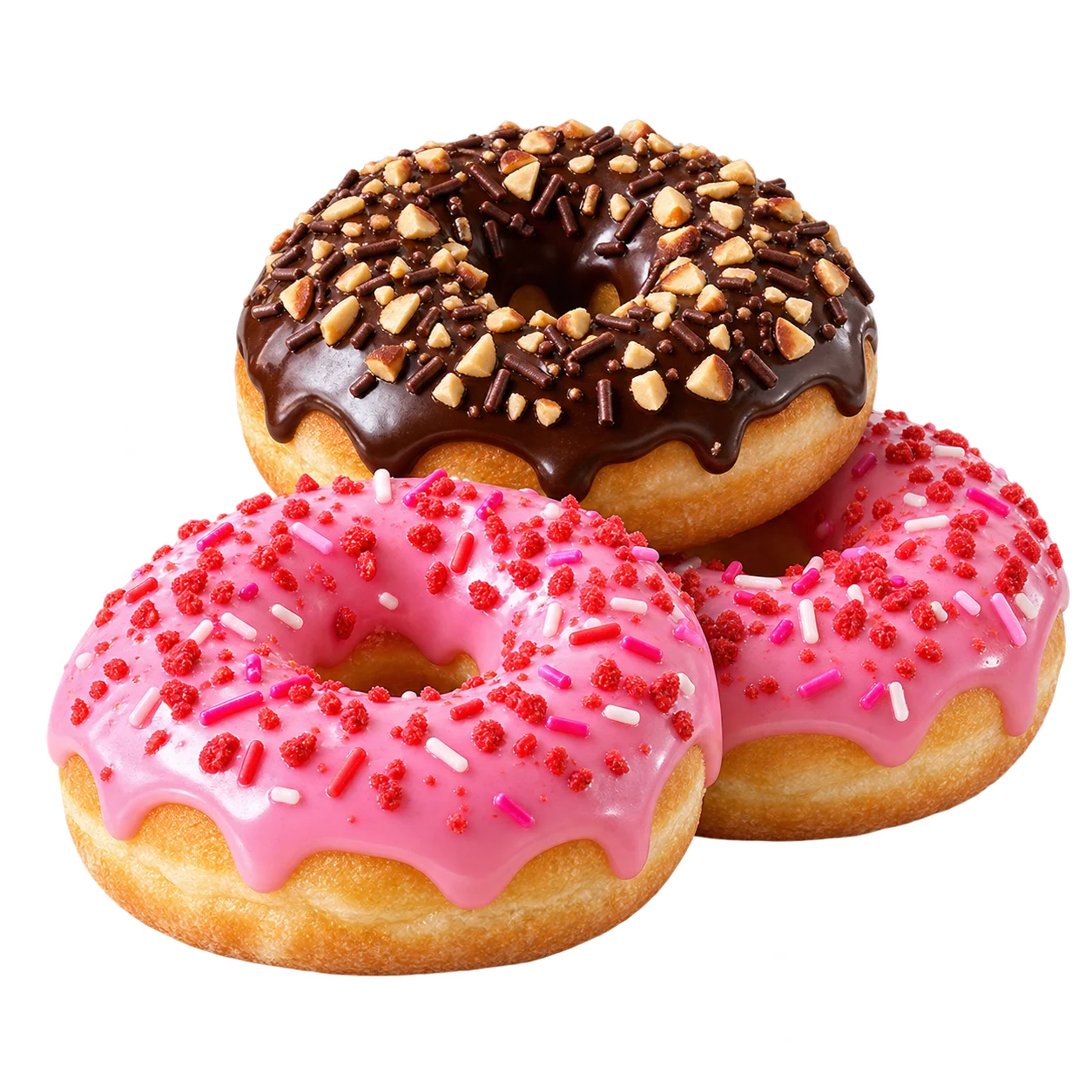 Donat cokelat almond dan dua donat strawberry