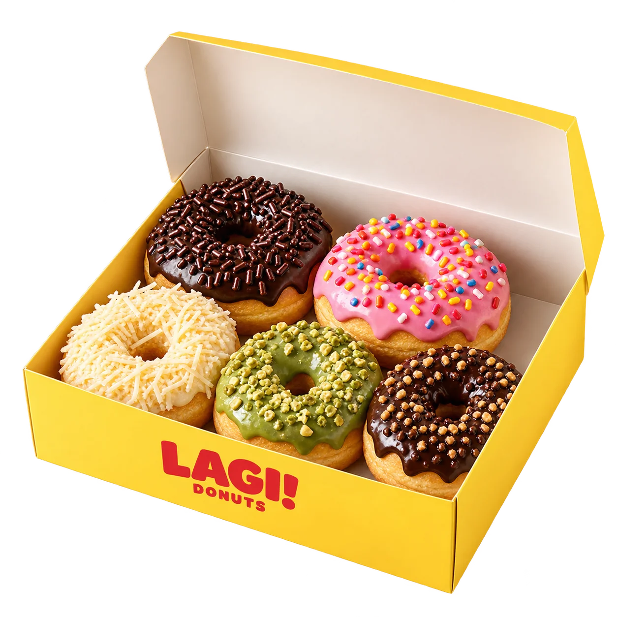 Dus kuning berisi enam donat aneka topping