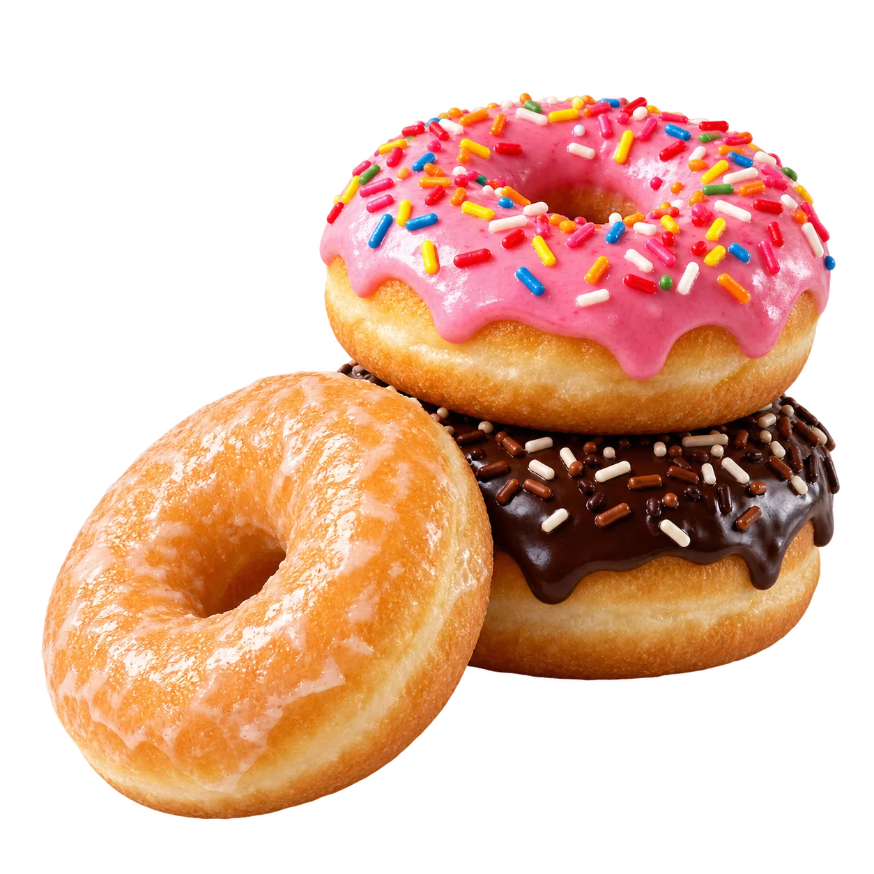 Tumpukan donat original, cokelat, dan strawberry